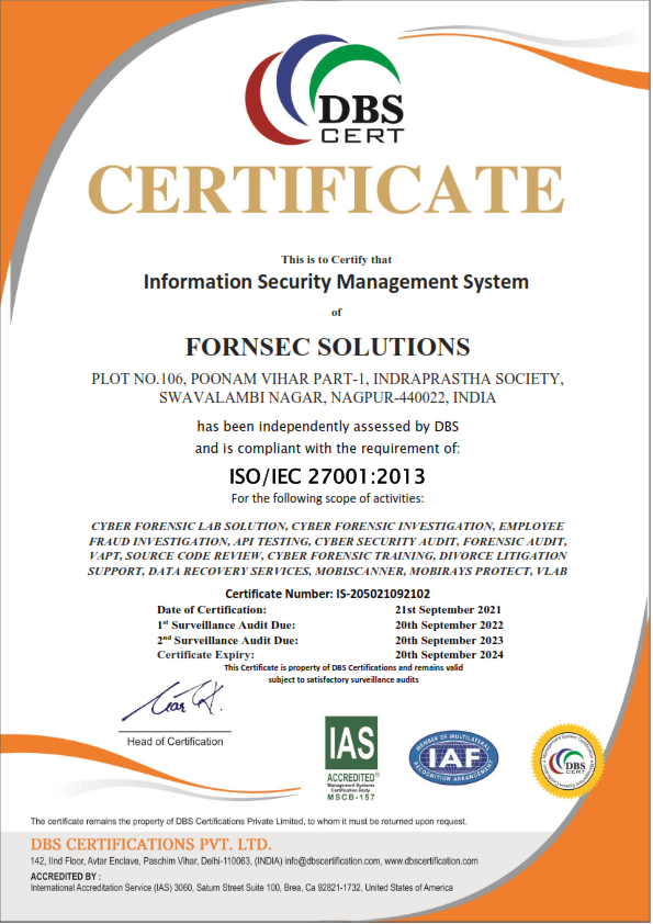FORNSEC SOLUTIONS CERTIFICATE